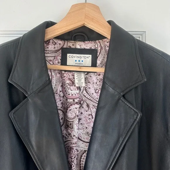 Vintage Covington Woman Black Genuine Leather Blazer Jacket Paisley Lining L-XL - Picture 3 of 8